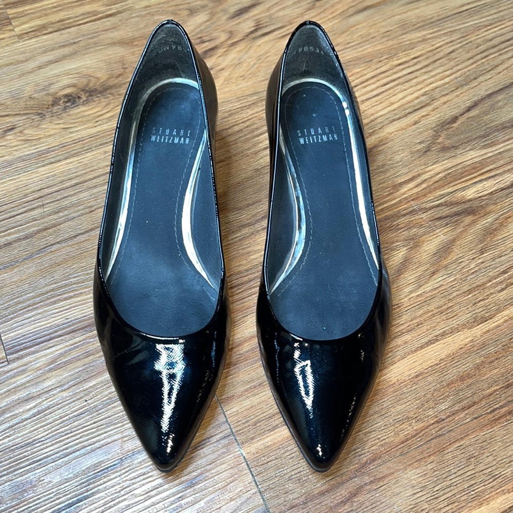 Stuart Weitzman Black Patent Pointed Toe Low Wedge Heels, size 9
